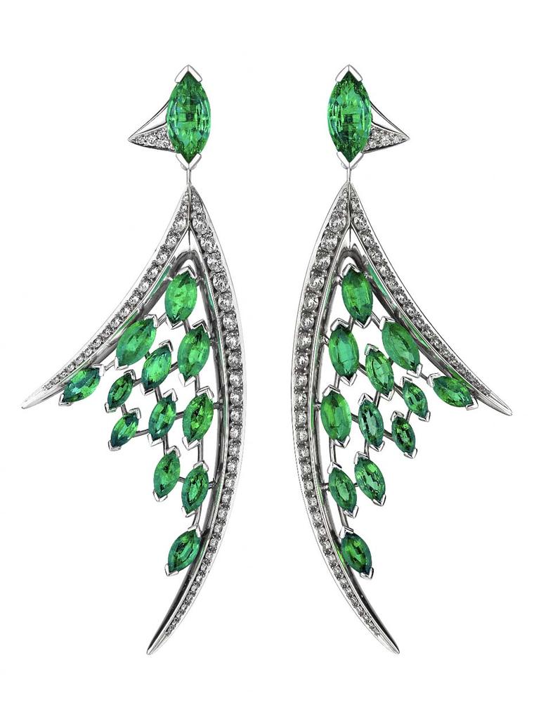Shaun Leane white diamond and marquise-cut emerald earrings, from the Aerial collection.